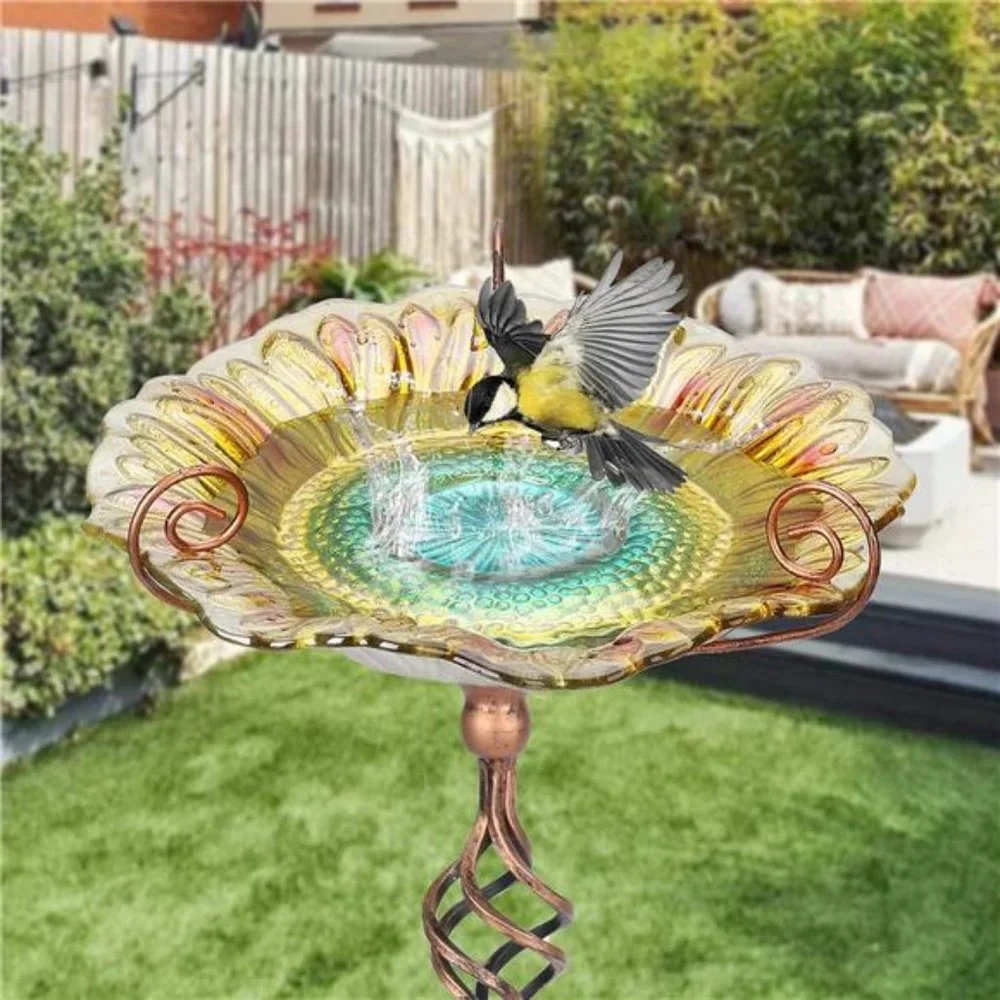 Bird Bath for Outdoors,Glass Birdbaths Outdoor Garden Birdfeeder with MetalStake